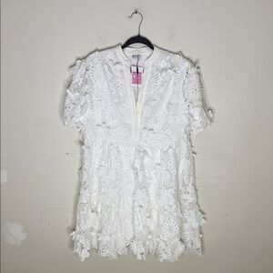 Why Dress White Floral Lace Short Sleeve A Line Button Detail Dress Medium NEW!